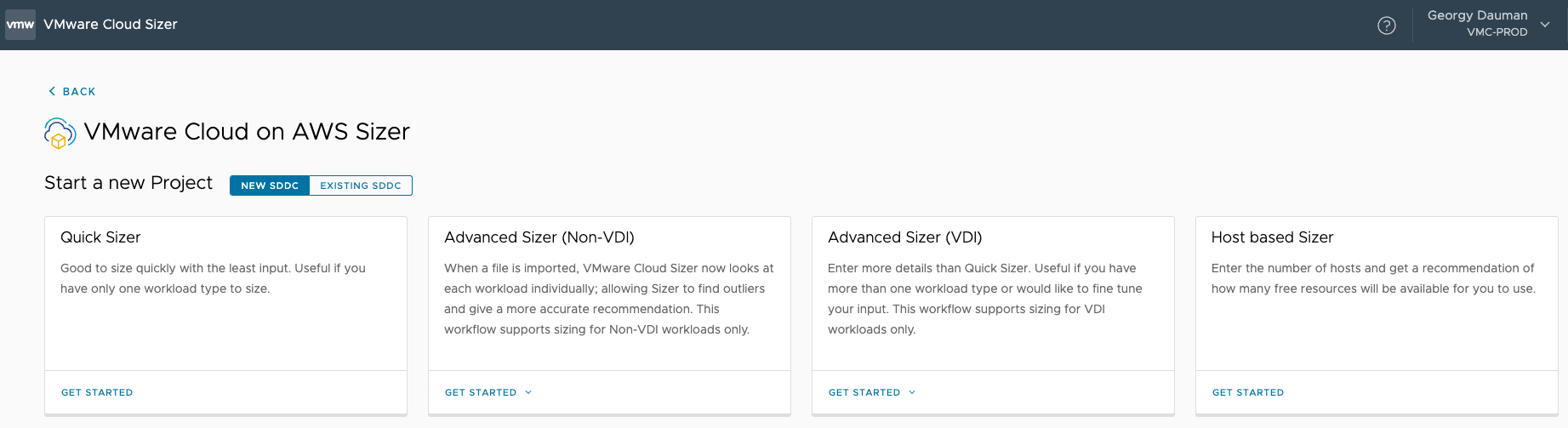 VMware Cloud Sizer Main Page