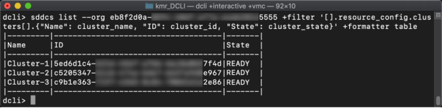 Example: Listing basic cluster information from an SDDC